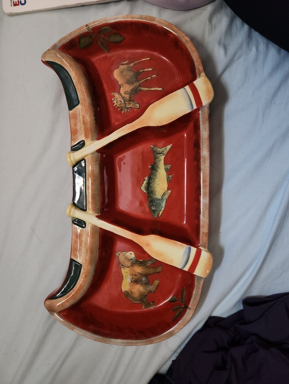 Red Ceramic Canoe Serving Tray with Oar Accents